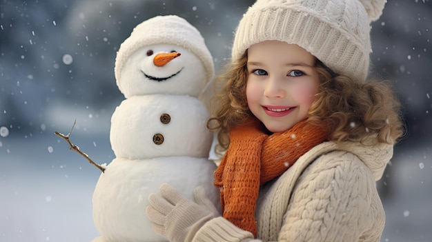 Jeune femme souriante avec bonhomme de neige sur Noël blanc dans la neige d'hiver