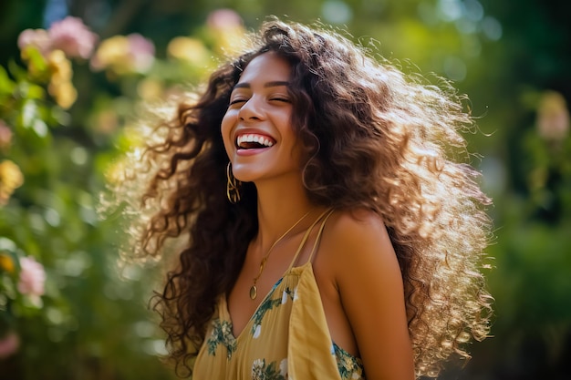 Une jeune femme souriante avec des cheveux bouclés Portrait