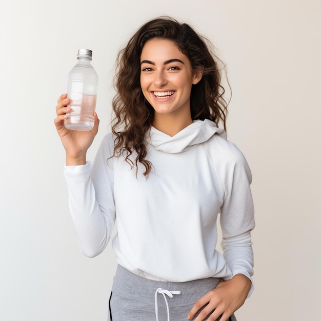 jeune femme souriante en costume de gym tenant une bouteille d'eau