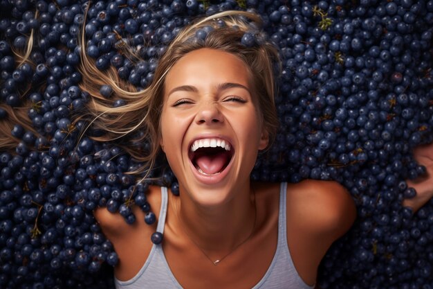 Photo une jeune femme souriante couverte d'un tas de bleuets et de baies biologiques naturels et sains