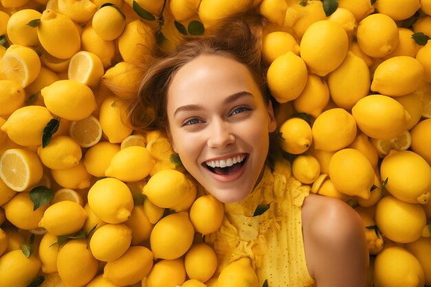 Photo une jeune femme souriante couverte d'un tas de citrons jaunes organiques naturels et sains