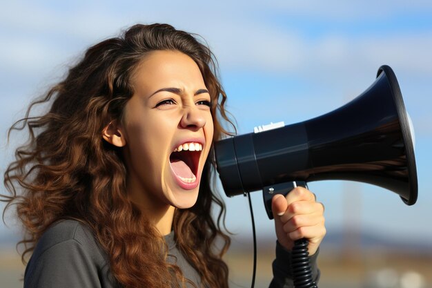 Une jeune femme souriante crie dans un mégaphone.