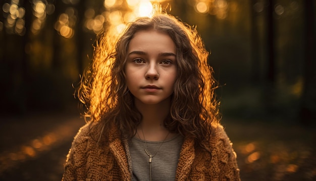 Jeune femme souriante dans la beauté de la forêt d'automne générée par l'IA