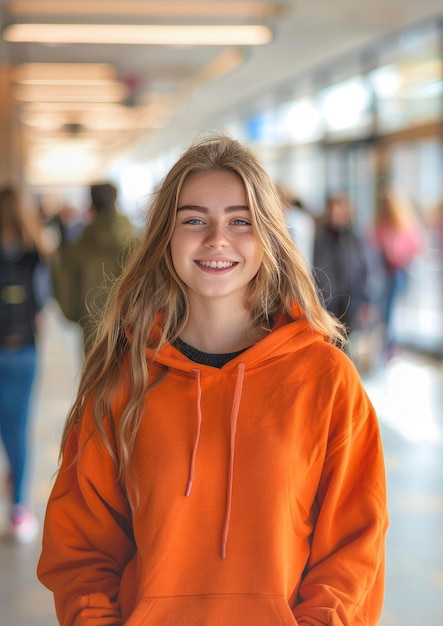 Une jeune femme souriante dans une capuche orange moderne se tient au milieu de l'agitation universitaire prête à conquérir la journée.