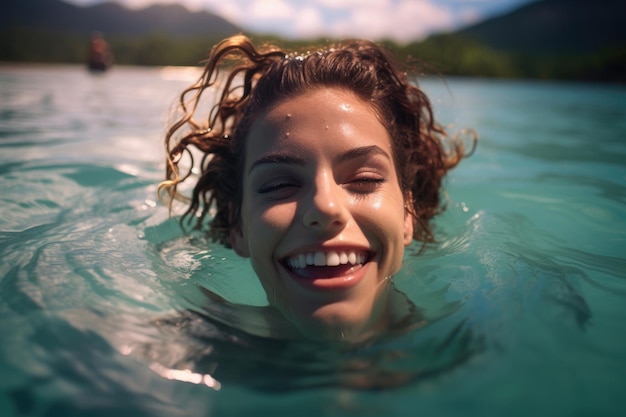 Une jeune femme souriante dans l'eau sur la côte des Caraïbes