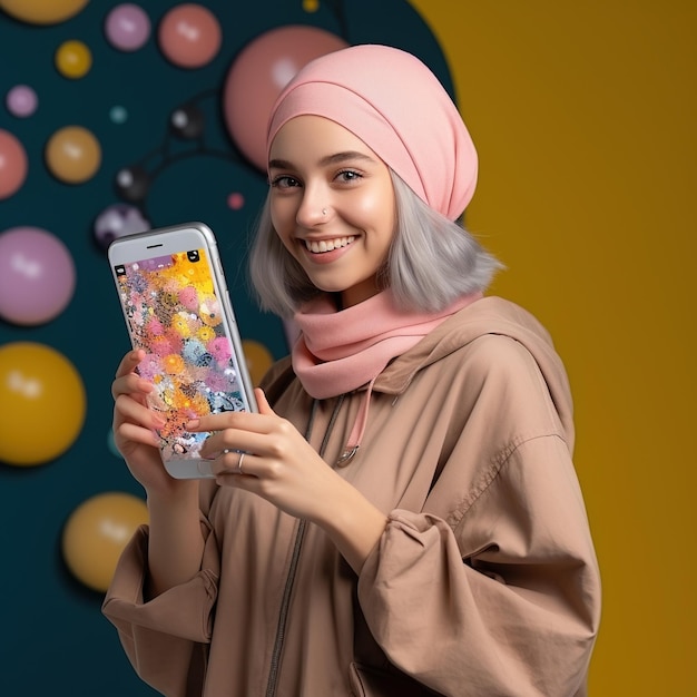 Une jeune femme souriante dans un foulard rose tenant un smartphone avec un motif floral sur l'écran