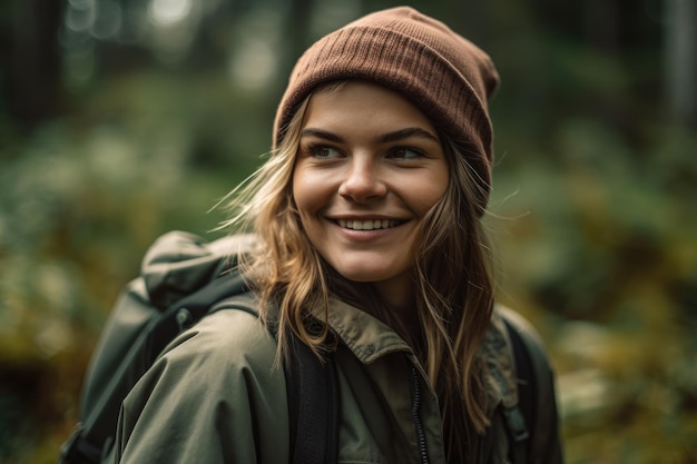 Une jeune femme souriante dans la nature créée avec une IA générative