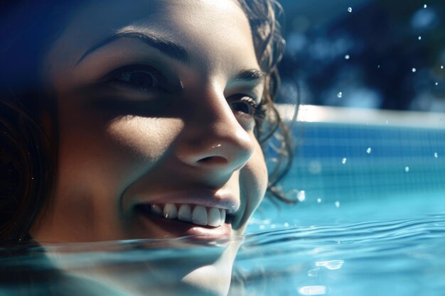 Une jeune femme souriante dans la piscine.