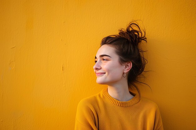 Une jeune femme souriante dans un pull jaune contre un mur orange vibrant yeux fermés dans le contentement