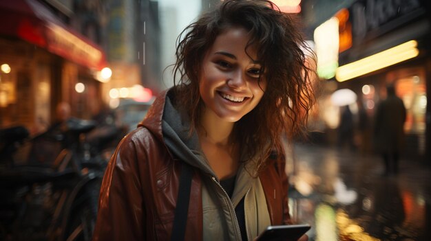 une jeune femme souriante dans la rue le soir