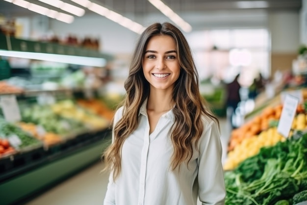 Une jeune femme souriante dans une section de produits du supermarché