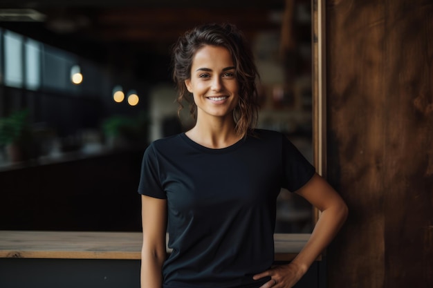 Jeune femme souriante dans un t-shirt noir