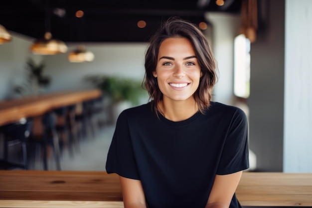 Jeune femme souriante dans un t-shirt noir