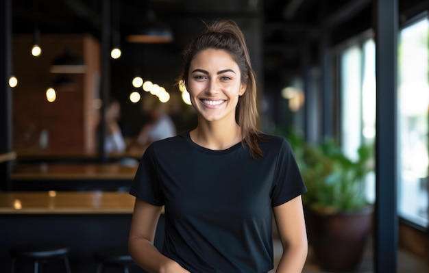 Jeune femme souriante dans un t-shirt noir