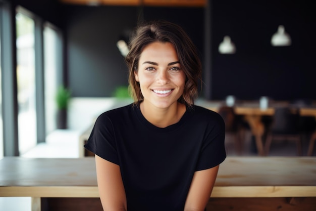 Jeune femme souriante dans un t-shirt noir