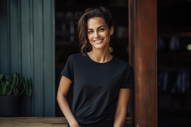 Jeune femme souriante dans un t-shirt noir