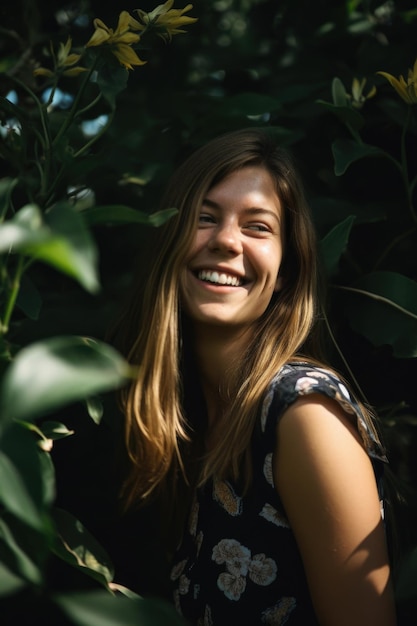 Une jeune femme souriante debout dans un buisson créé avec une IA générative