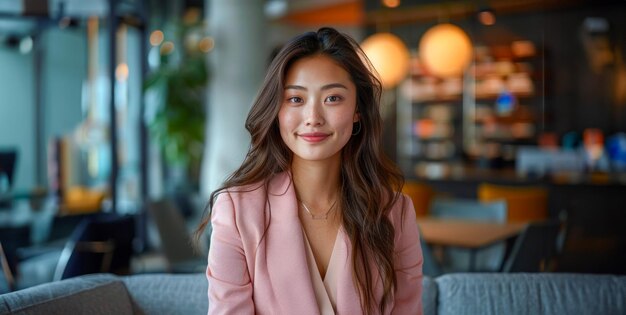 Une jeune femme souriante avec un décor de bureau naturel