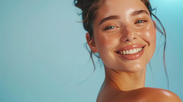 Photo une jeune femme souriante et dentée avec une peau faciale brillante et parfaite et une épaule nue regardant de côté portrait de studio de beauté sur un espace de copie bleu