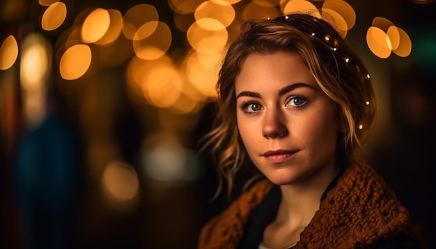 Jeune femme souriante éclairée par les lumières de Noël générées par l'IA