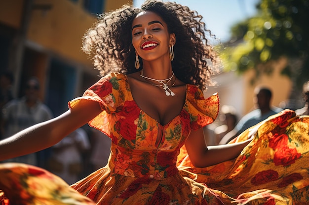 Jeune femme souriante et heureuse dansant dans les rues de la ville des Caraïbes en robe brillante