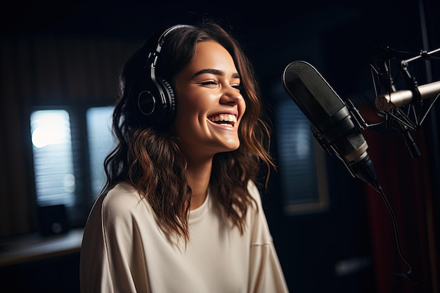 Une jeune femme souriante heureuse lors d'une émission de radio en ligne Elle rit en parlant au public Portrait en gros plan