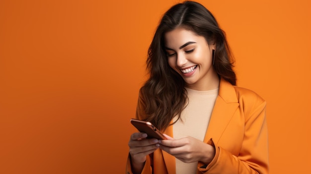 Une jeune femme souriante et heureuse utilise son téléphone sur un fond coloré.