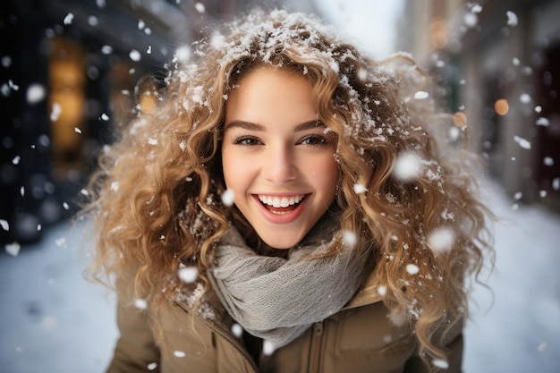 Jeune femme souriante en hiver AI générée