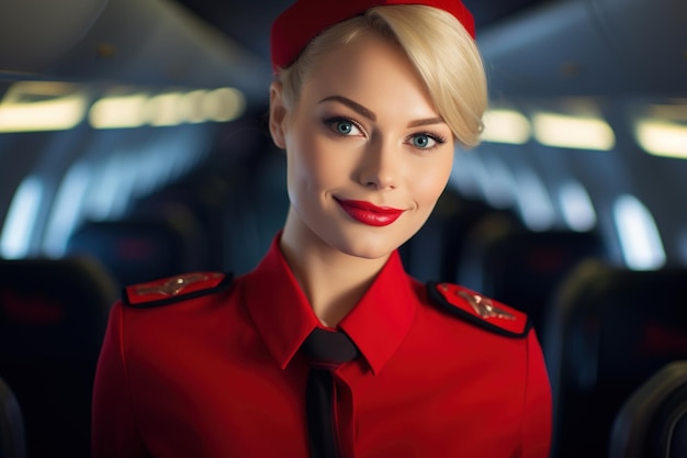 Une jeune femme souriante, hôtesse de l'air professionnelle ou hôtess de l'avion en uniforme rouge à bord d'un avion. Concept de voyage et de tourisme de service aérien