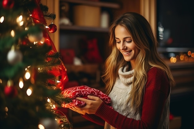 Une jeune femme souriante met un cadeau de Noël sous l'arbre