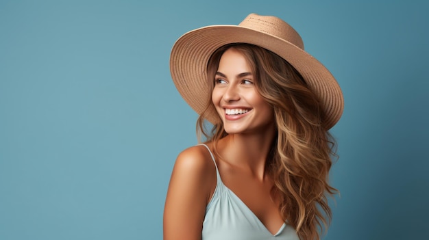 Une jeune femme souriante portant un chapeau d'été sur un fond bleu AI générative