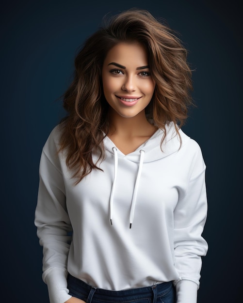 Jeune femme souriante portant un sweat-shirt blanc isolé sur fond bleu foncé Créé avec la technologie Generative Ai