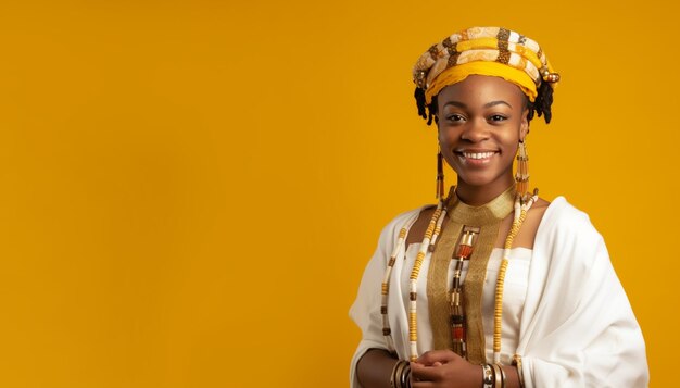 Photo une jeune femme souriante portant des vêtements de reine devant un fond jaune foncé