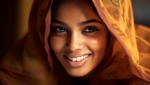 Photo jeune femme souriante regardant la caméra respirant la beauté et le bonheur générés par l'intelligence artificielle