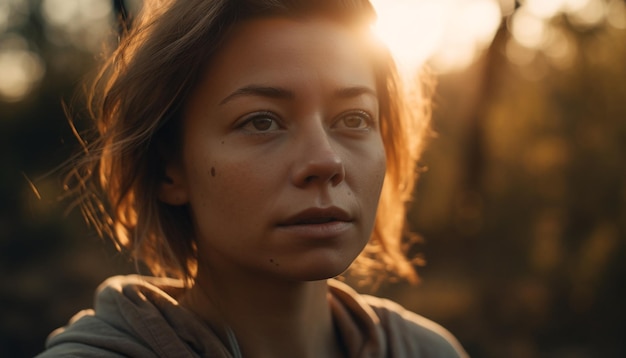 Jeune femme souriante regardant la caméra rétroéclairée générée par l'IA