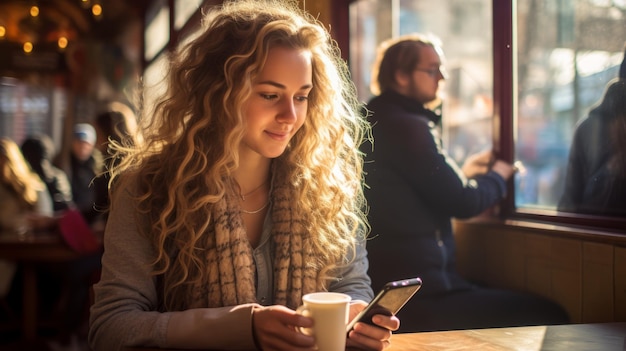 Une jeune femme souriante en regardant son téléphone.