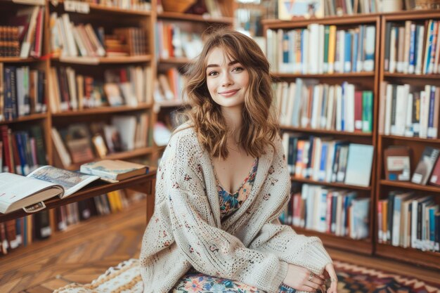 Une jeune femme souriante et sereine entourée d'étagères de livres dans un environnement confortable de bibliothèque