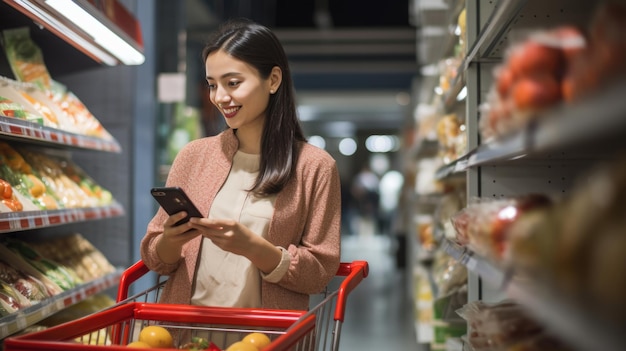 Une jeune femme souriante avec un téléphone intelligent fait ses courses au supermarché.