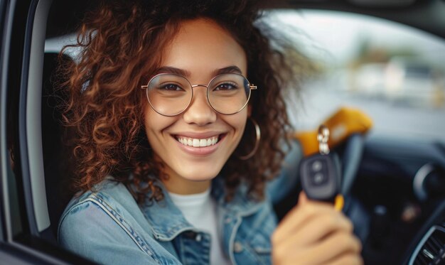 Photo une jeune femme souriante tenant les clés d'une voiture de location avant le voyage et souriant à la caméra