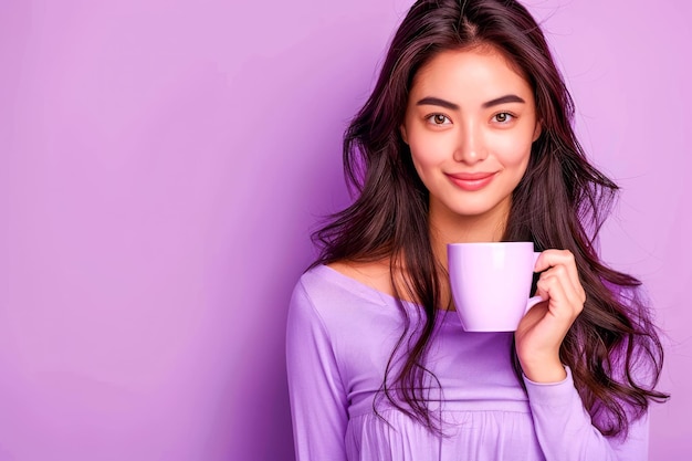 Photo une jeune femme souriante tenant une tasse de café sur un fond violet concept de style de vie et de loisirs avec