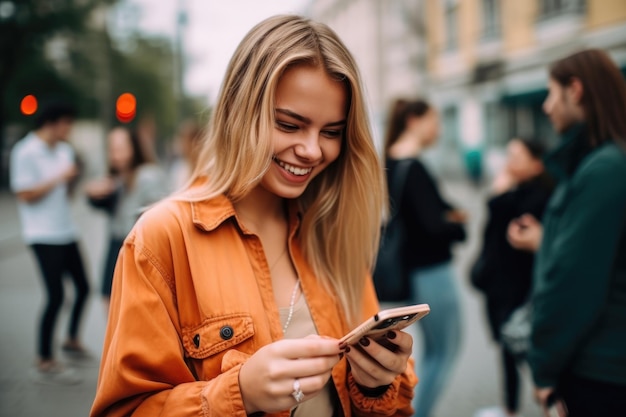 Une jeune femme souriante tenant le téléphone portable de son amie et le regardant créé avec l'IA générative