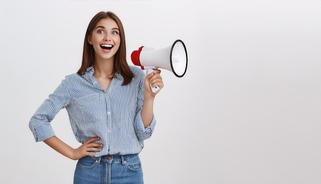 Une jeune femme souriante tient un mégaphone