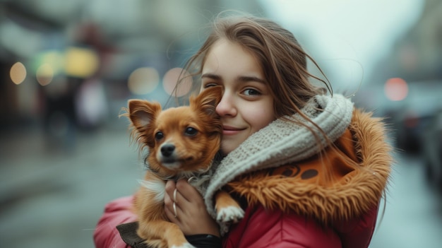 Une jeune femme souriante tient un petit chien dans ses bras dans une rue de la ville Le chiot est assis dans les bras