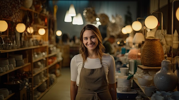 Jeune femme souriante en toute confiance regardant la caméra dans un magasin de céramique