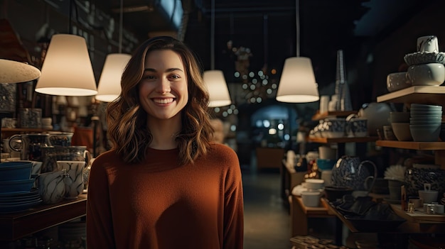 Jeune femme souriante en toute confiance regardant la caméra dans un magasin de céramique