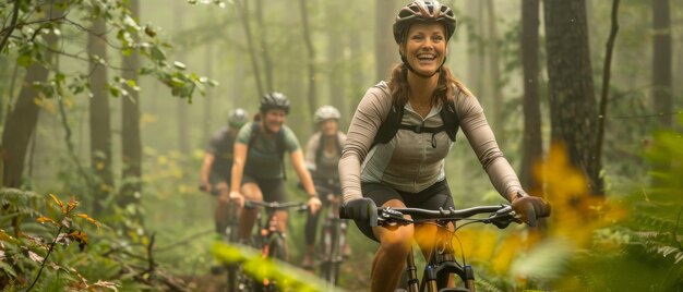 Une jeune femme souriante sur un vélo de montagne à travers une forêt brumeuse avec ses amis