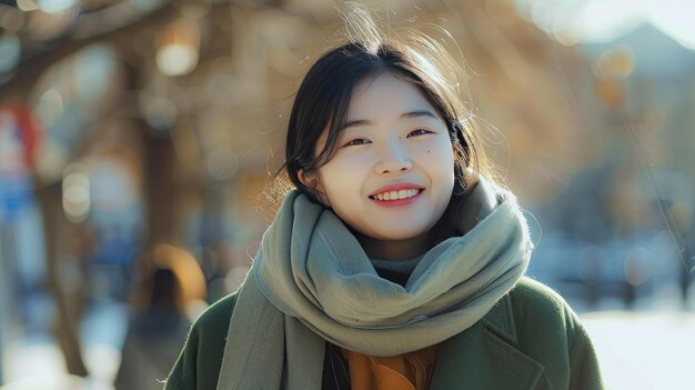 Une jeune femme souriante vêtue d'un manteau bleu teal apprécie une journée d'hiver ensoleillée