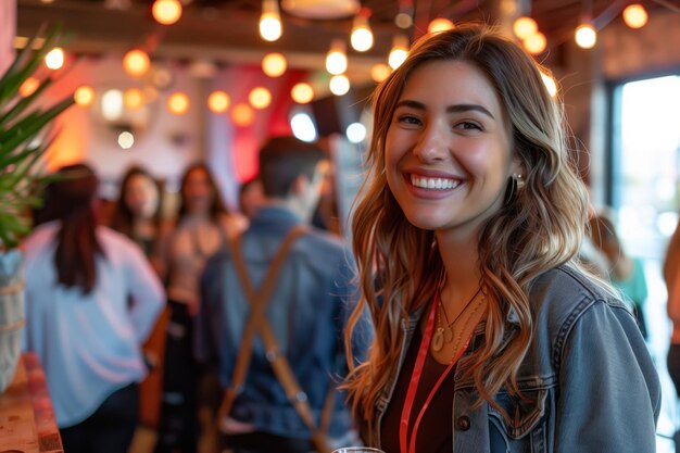 Une jeune femme avec un sourire chaleureux en réseautage lors d'un événement de nomades numériques créant des connexions AI Generat