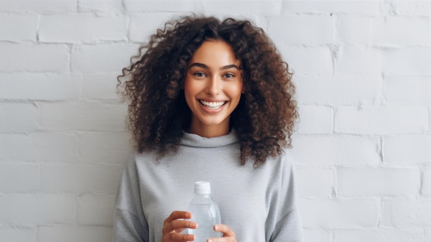 Une jeune femme avec un sourire vif et de longs cheveux debout à l'intérieur