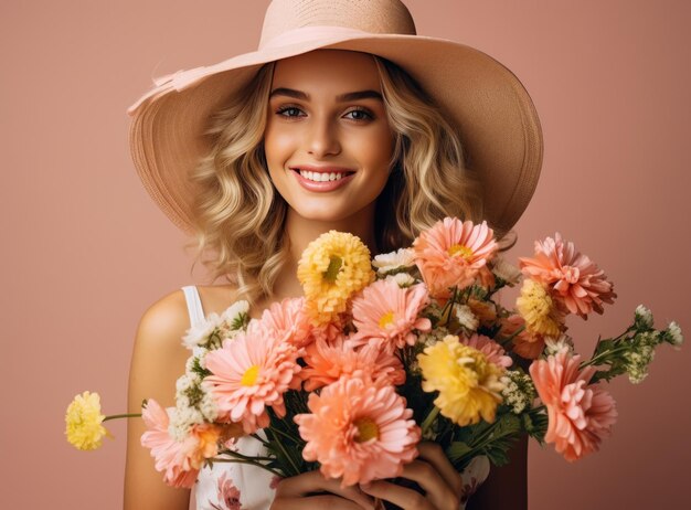 Photo la jeune femme sourit dans un chapeau de paille tout en tenant un bouquet de fleurs